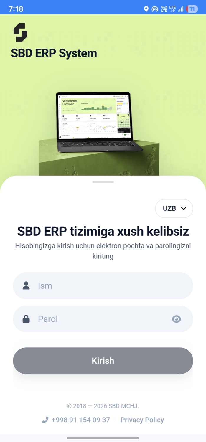 SBD ERP mobil ilova ekrani