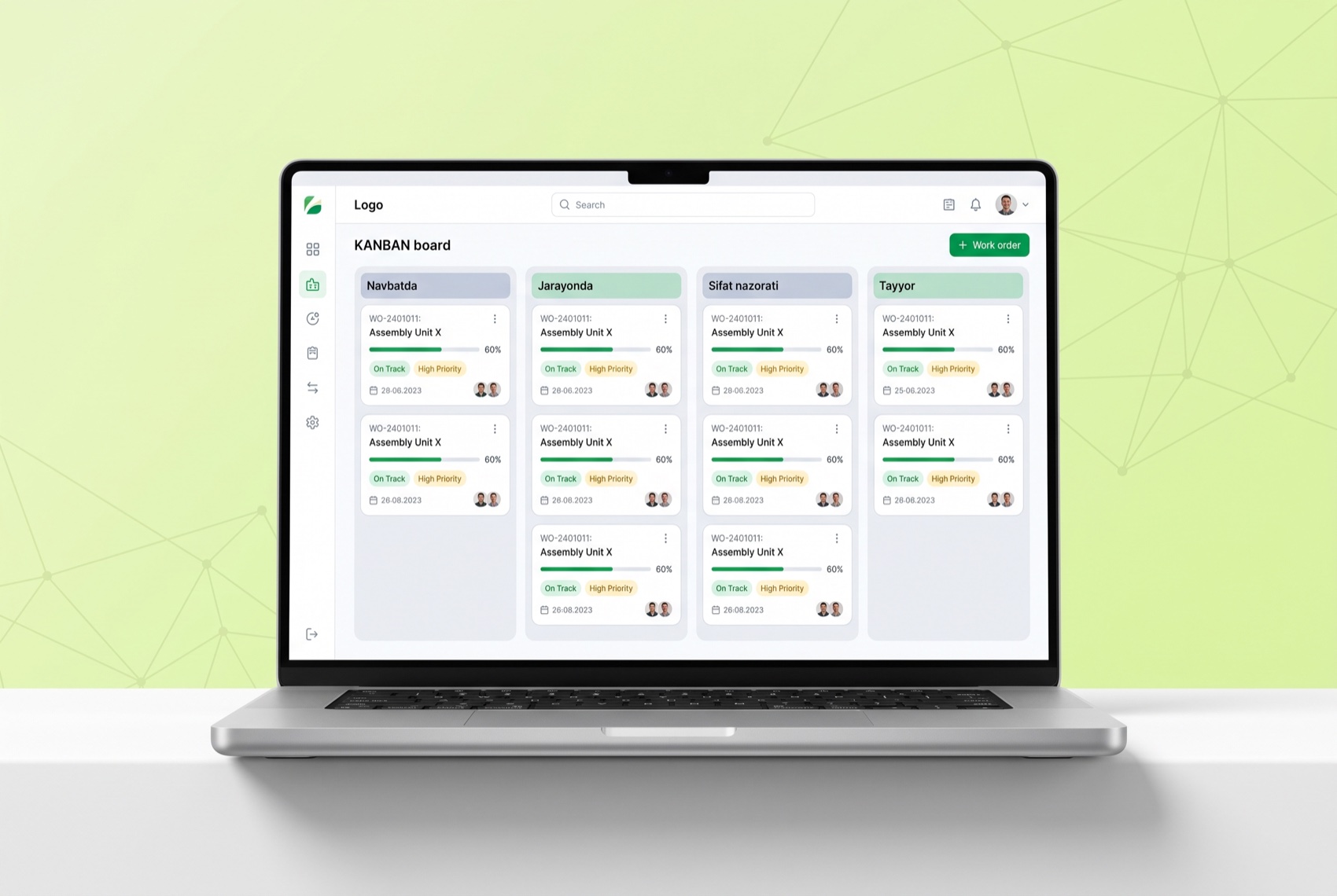 SBD ERP ishlab chiqarish kanban ekrani